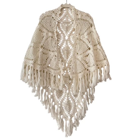 Handmade Accessories - Vintage Handmade Cream Crochet Pineapple Lace Fringe Shawl Wrap